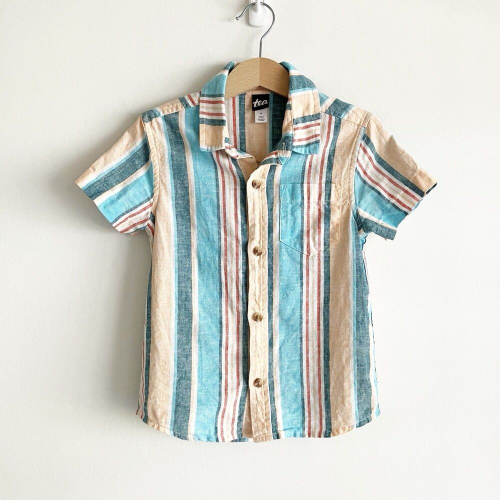 Tea Button Front Shirt Boys Size 4 Linen Cotton Striped Blue Yellow Pocket